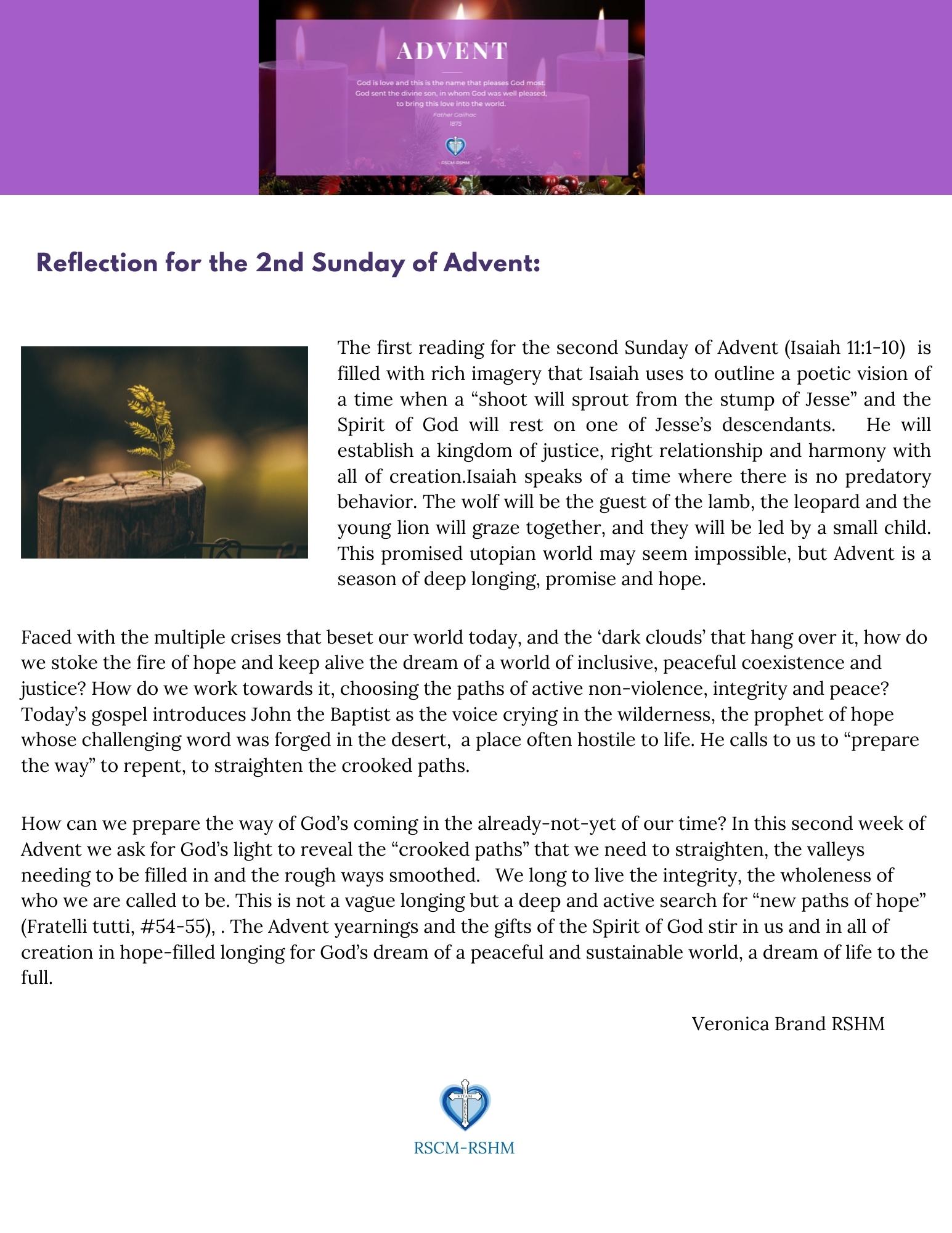 Reflection for the 2nd Sunday of Advent Religious of the Sacred Heart